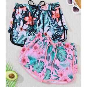 2 NEW Pairs Tamara Shorts Floral Print Summer Beach Size Large Drawstring